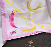 Load images into the gallery viewer,Silk scarf &quot;feathers and leaves&quot; pink 50 x 50
