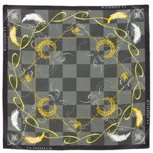 Load images into the gallery viewer,Silk scarf &quot;feathers and leaves&quot; black 90 x 90
