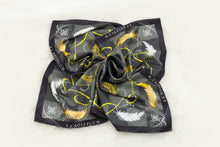 Load images into the gallery viewer,Silk scarf &quot;feathers and leaves&quot; black 90 x 90
