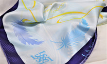 Load images into the gallery viewer,Silk scarf &quot;feathers and leaves&quot; blue 50 x 50
